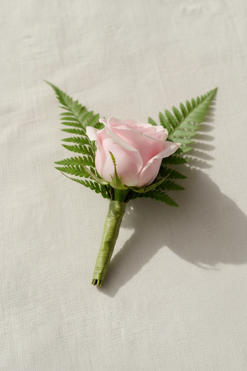 Corsage met blush rozenknop en delicate varentakjes